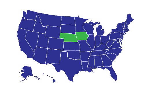 USA Map with Iowa, Nebraska highlighted