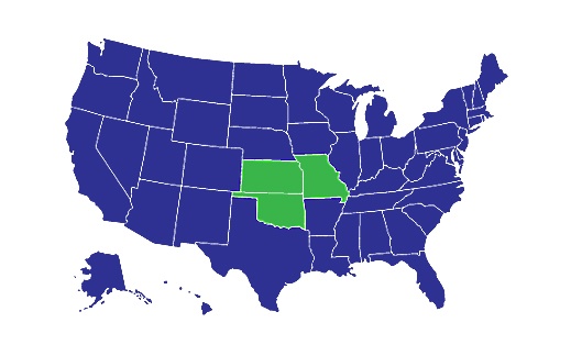 USA Map with Kansas, Missouri, Oklahoma highlighted