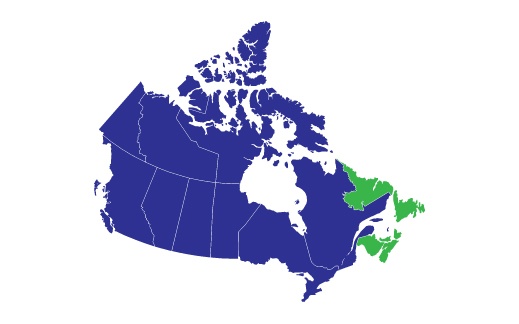 Canadian Map with Nova Scotia, New Brunswick, Prince Edward Island, Newfoundland and Labrador highlighted