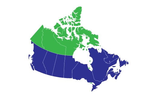 Canadian Map with Nunavut, Northwest Territories, Yukon Regions highlighted