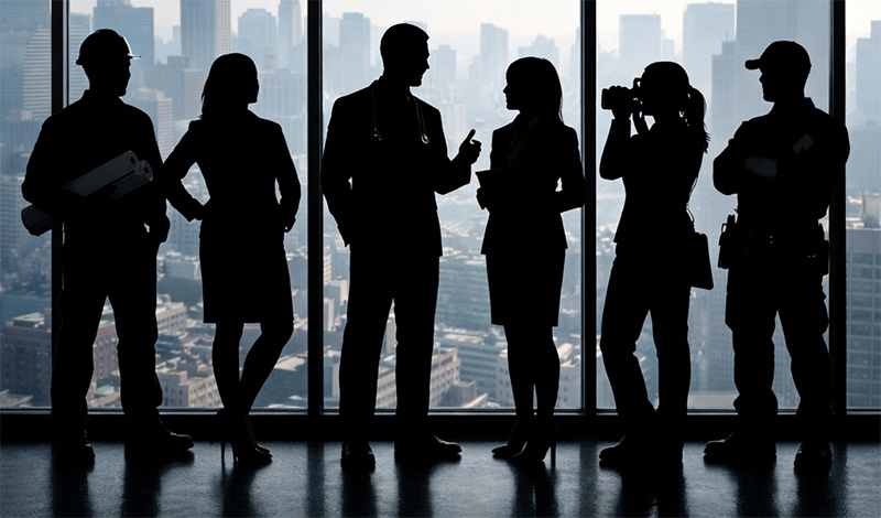 Silhouette of different professionals in front of window overlooking a city