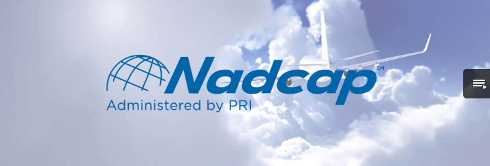Opening screen of the introductory video of the Nadcap Video Library with an airplane flying through clouds