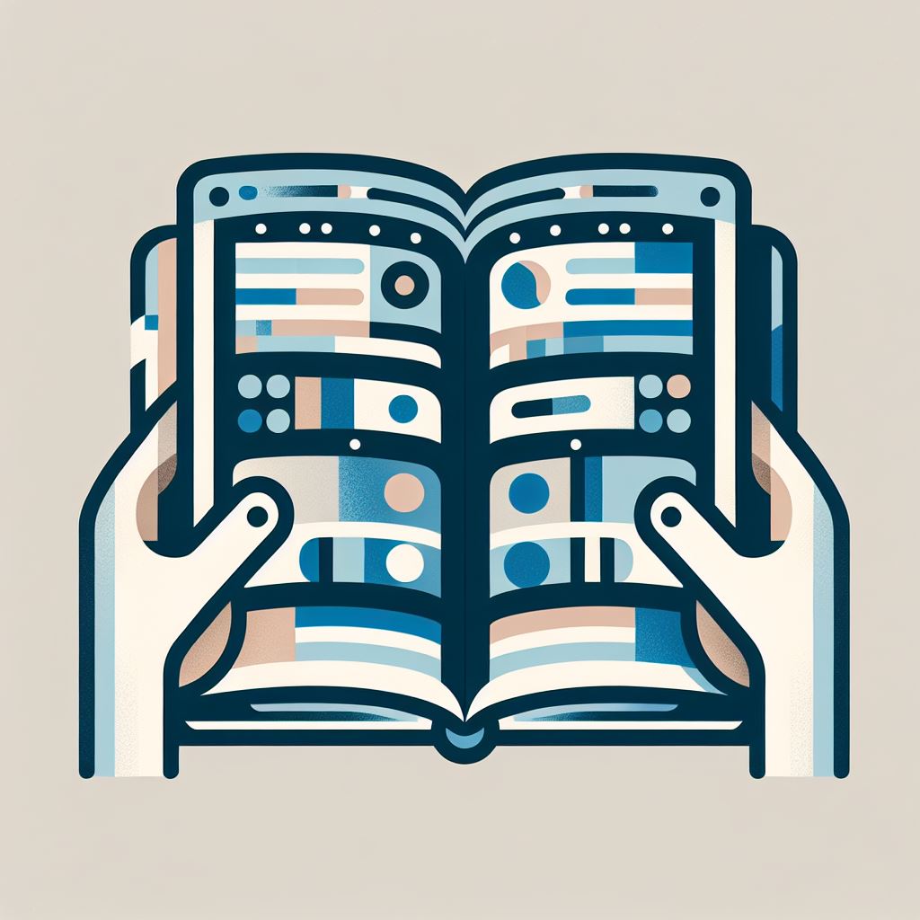 graphic of hands holding a book or catalog open