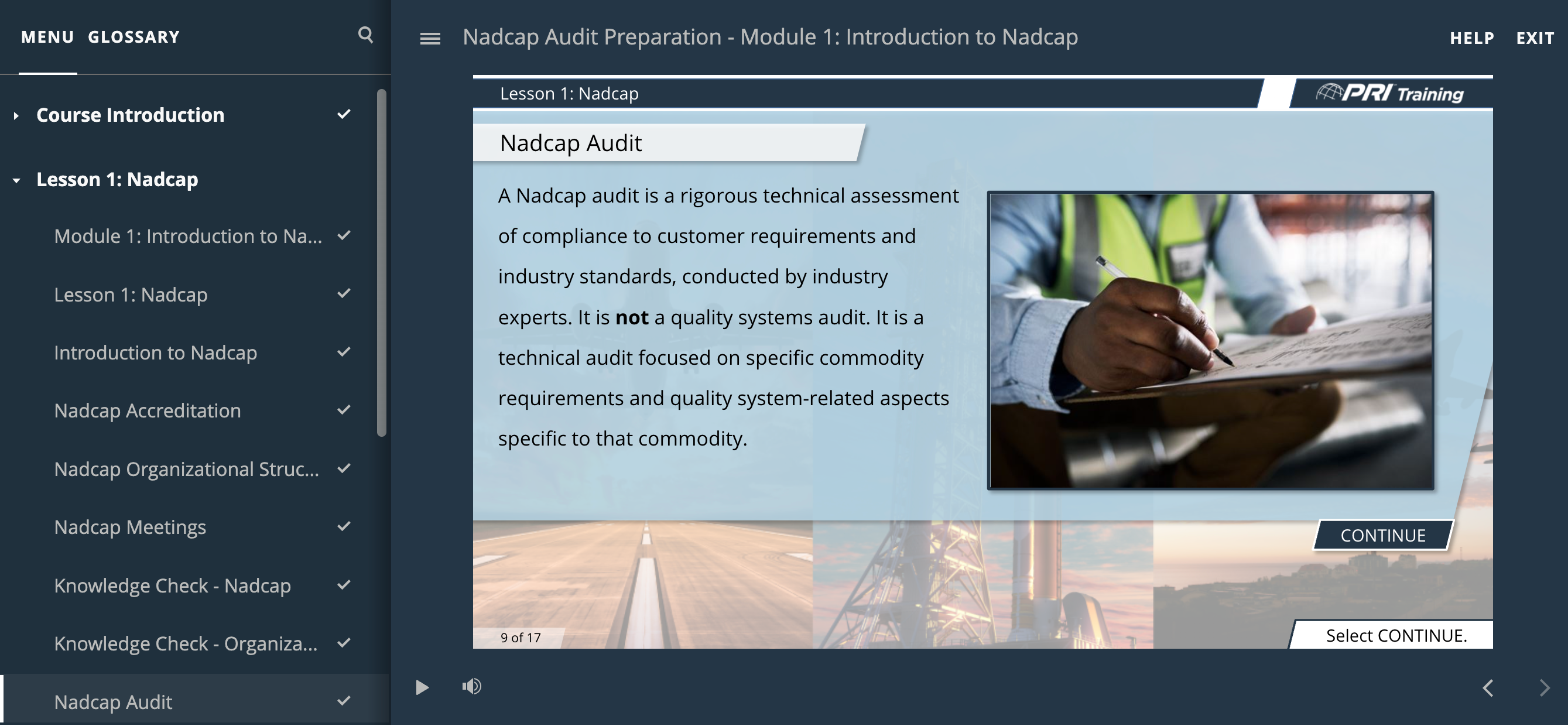 screenshot of PRI Training courseware, depicts a slide explaining Nadcap Audits