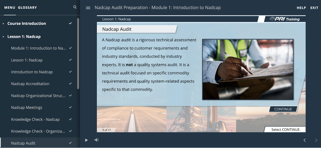screenshot of PRI Training courseware, depicts a slide explaining Nadcap Audits