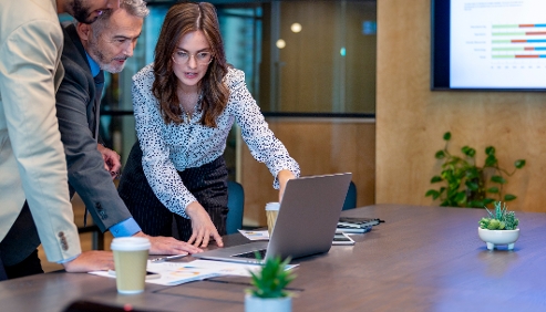 Corporate professional woman and men working together
